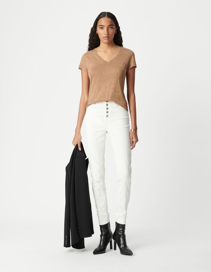 ikks Tee-shirt col V camel en lin foil femme