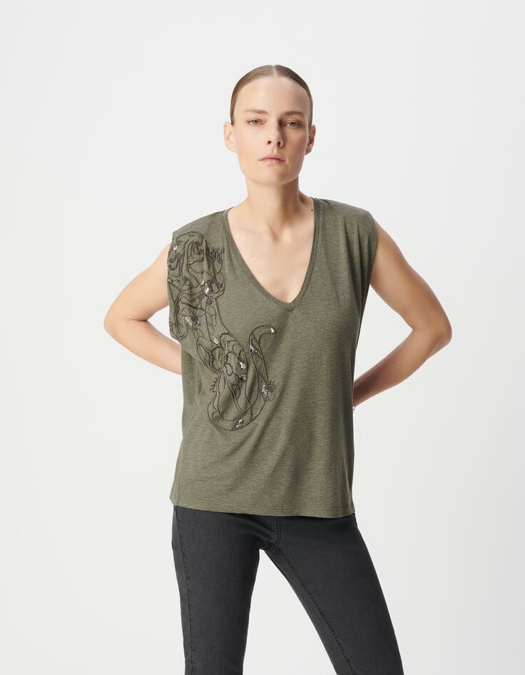 Ikks Tee-shirt Col V Kaki Broderie Tigre Femme