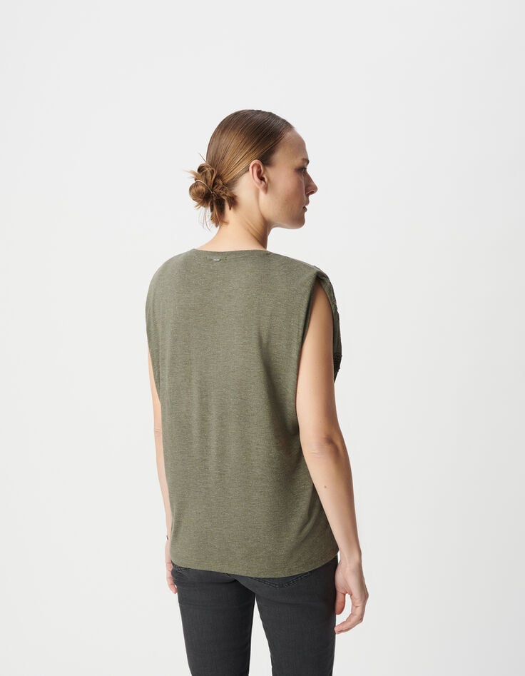 Ikks Tee-shirt Col V Kaki Broderie Tigre Femme