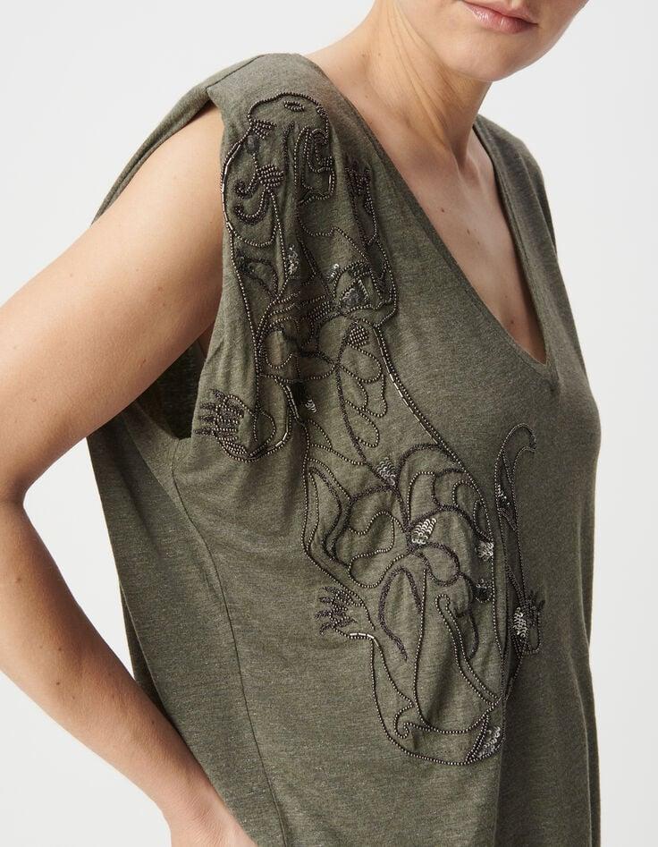 Ikks Tee-shirt Col V Kaki Broderie Tigre Femme