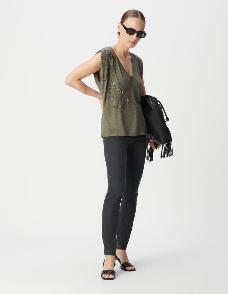 ikks Tee-shirt col V kaki broderie tigre Femme