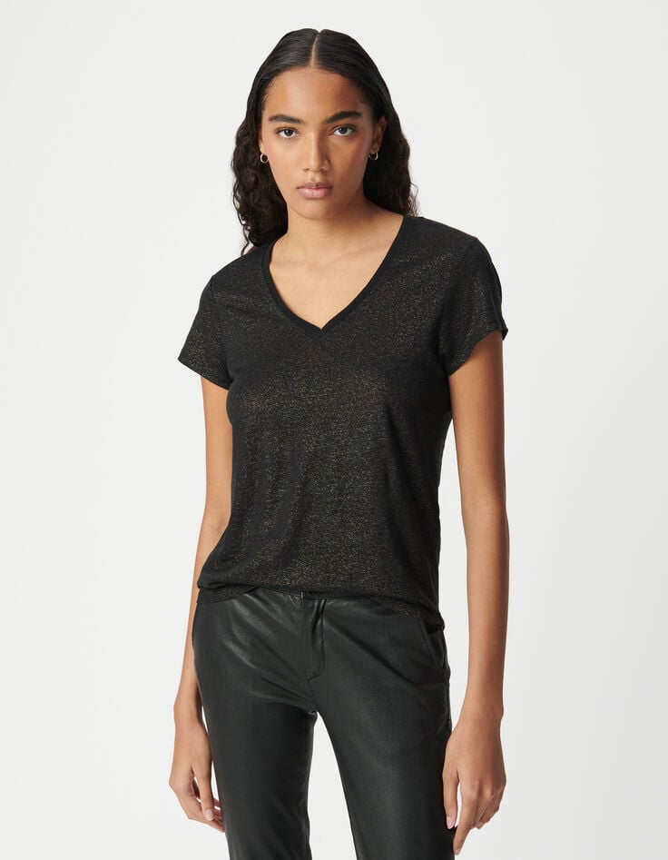 Ikks Tee-shirt Col V Noir En Lin Foil Femme