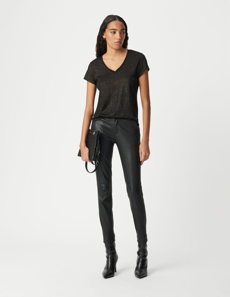 ikks Tee-shirt col V noir en lin foil femme