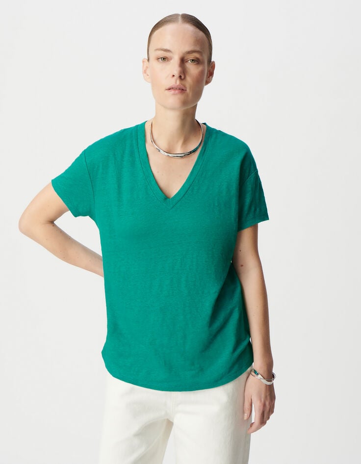 Ikks Tee-shirt Col V Turquoise Maille De Lin Femme