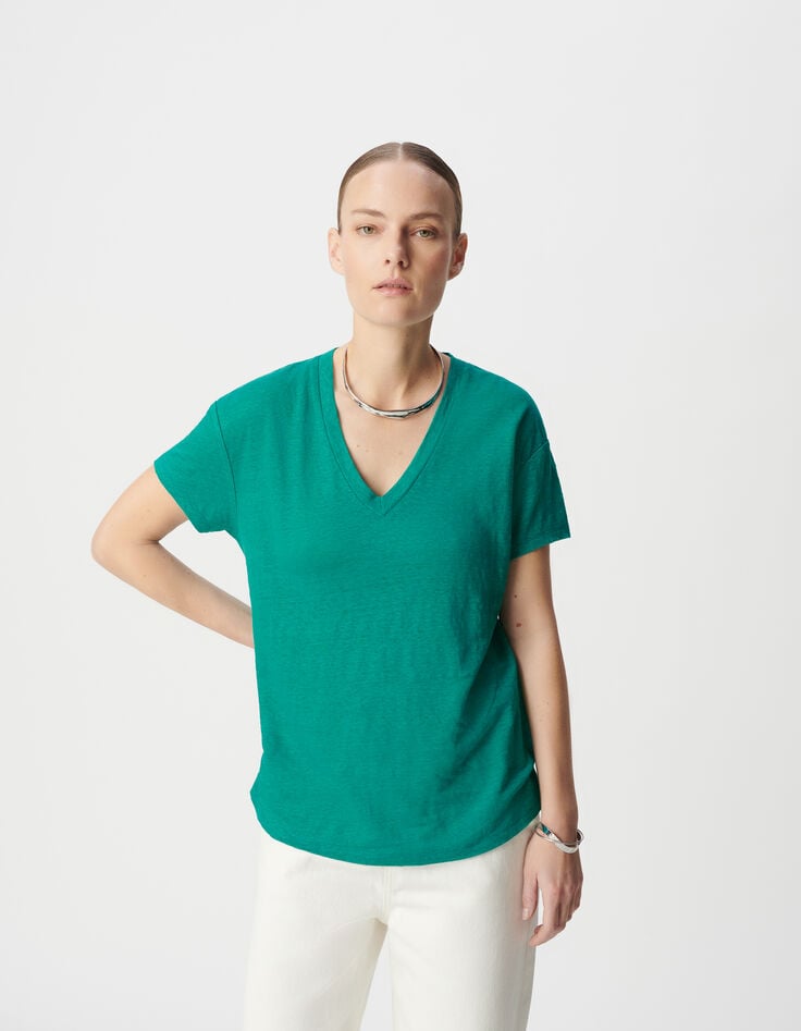 Ikks Tee-shirt Col V Turquoise Maille De Lin Femme