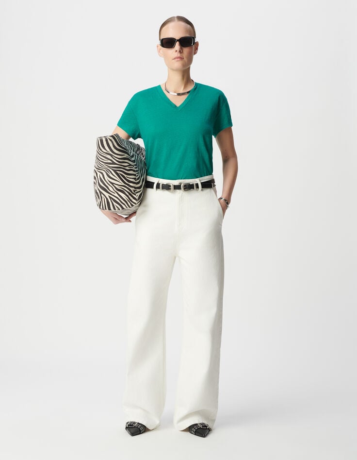 ikks Tee-shirt col V turquoise maille de lin Femme