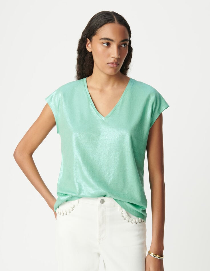 Ikks Tee-shirt Col V Vert Maille Irisée Femme