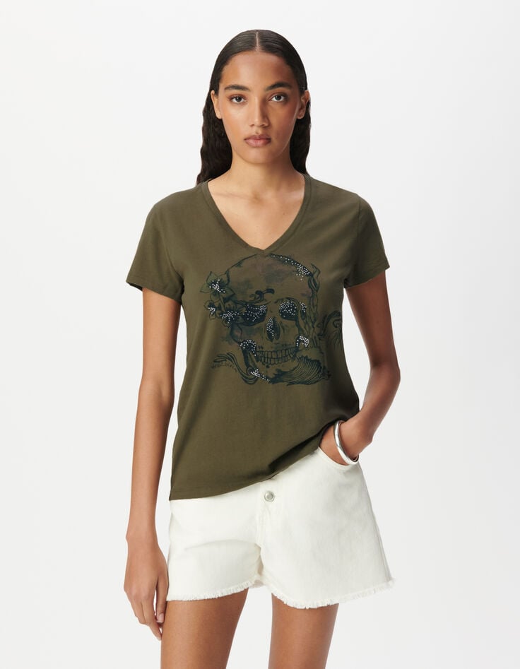 Ikks Tee-shirt Encolure V Kaki Visuel Tête De Mort