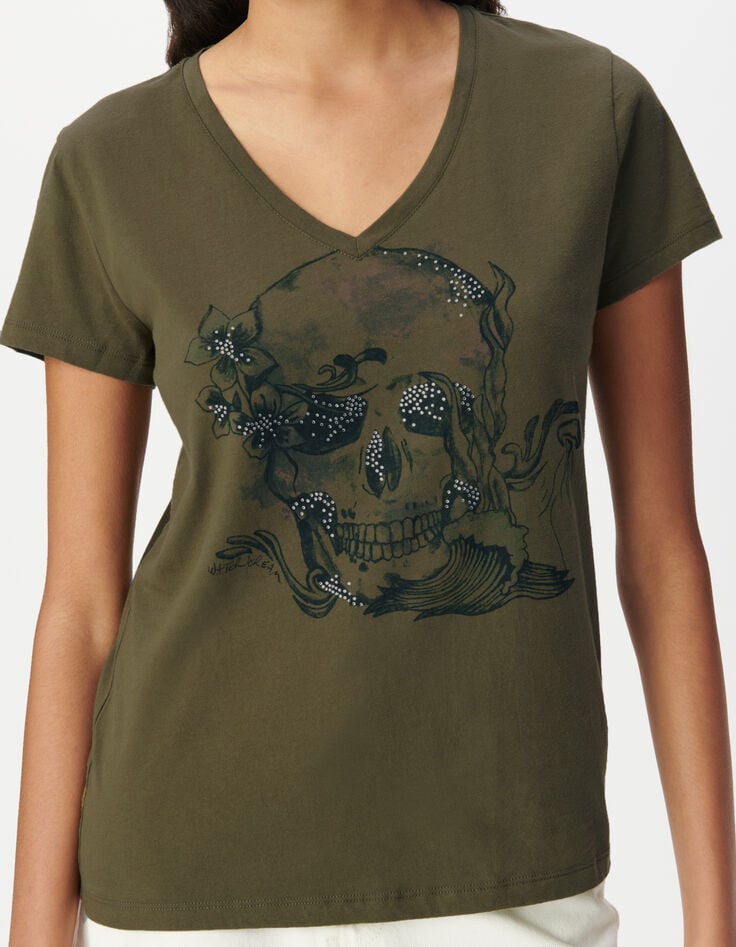 Ikks Tee-shirt Encolure V Kaki Visuel Tête De Mort