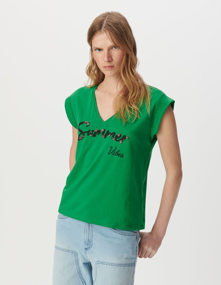 Ikks Tee-shirt Encolure V Vert Message