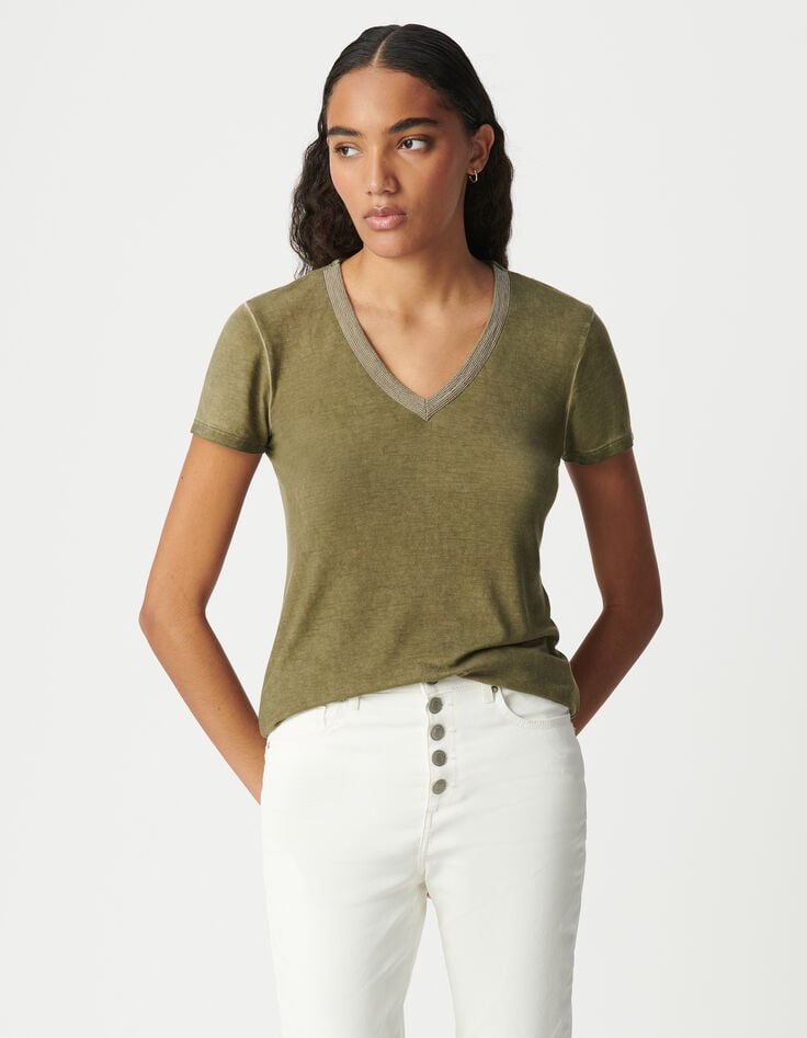 Ikks Tee-shirt Kaki Col Bijoux Femme