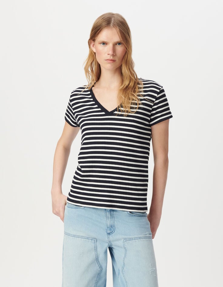 Ikks Tee-shirt Marine Rayures écrues Côtelé