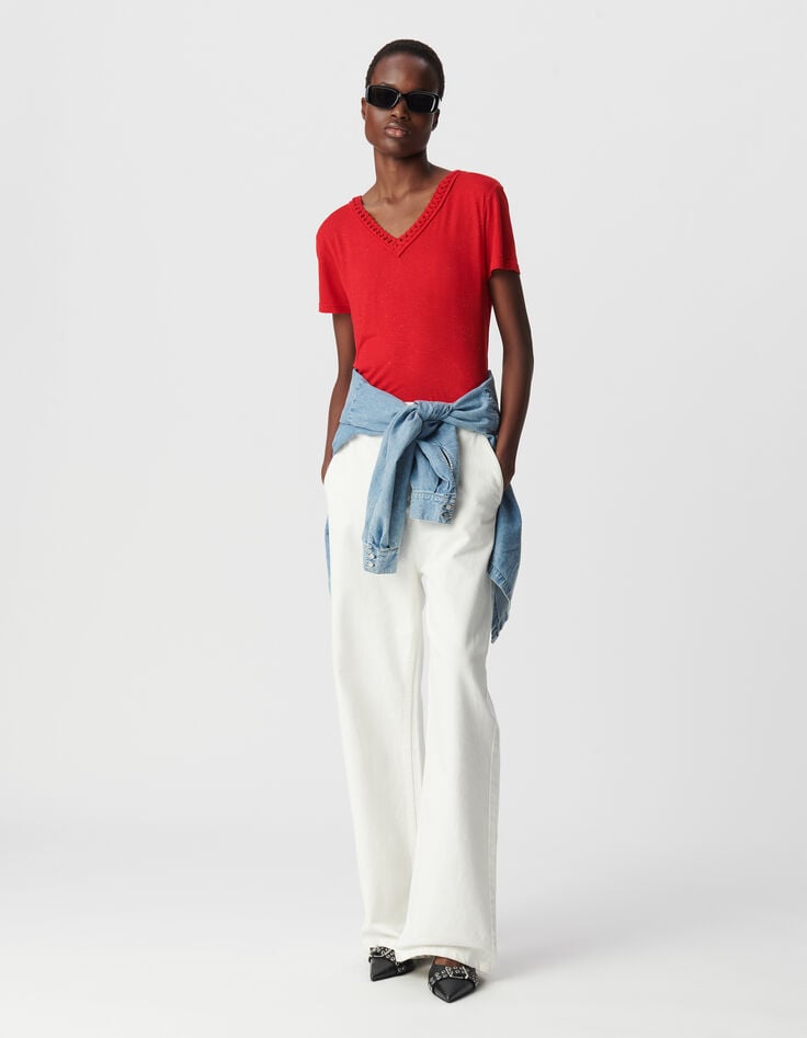 Ikks Tee-shirt Rouge Tressage Encolure V Femme