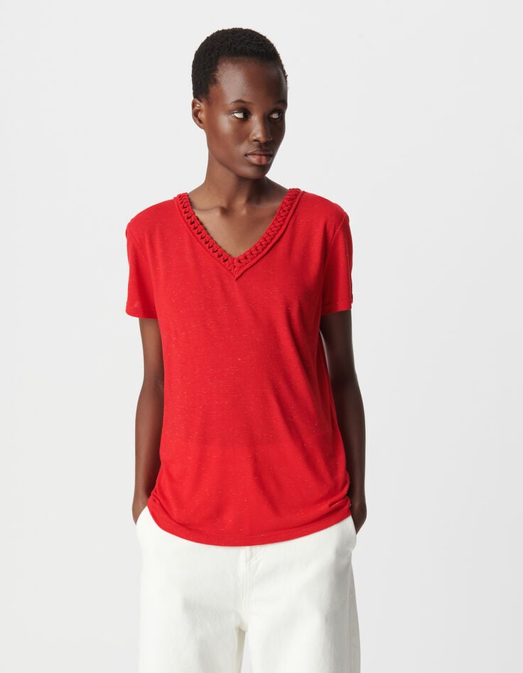 Ikks Tee-shirt Rouge Tressage Encolure V Femme