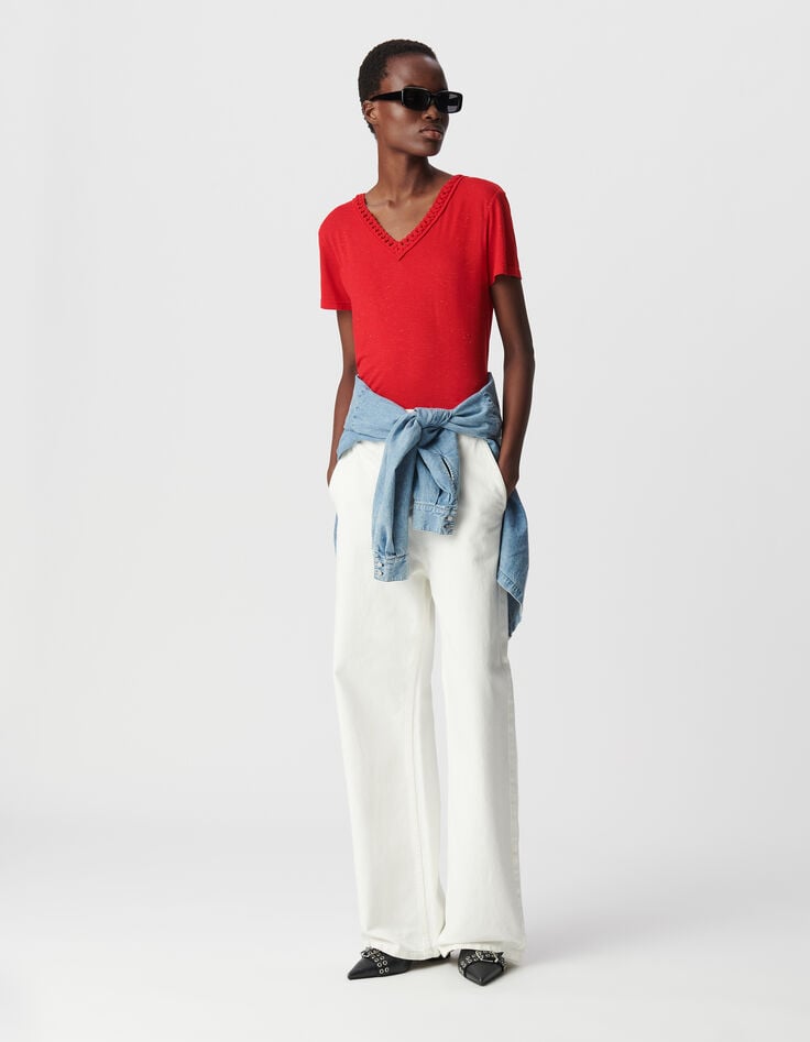 ikks Tee-shirt rouge tressage encolure V Femme