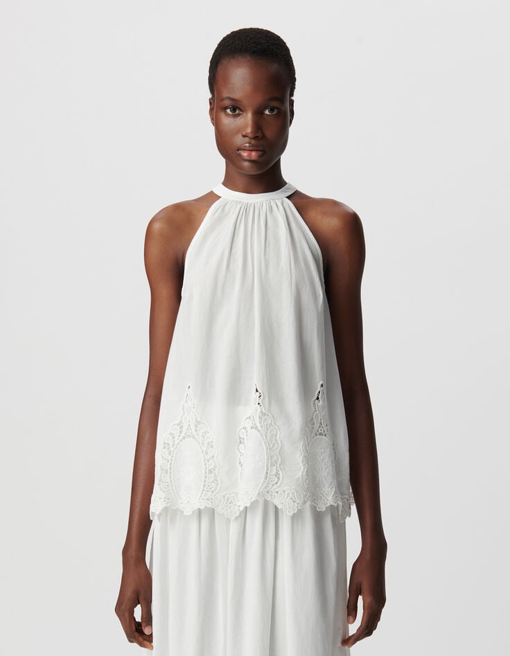 Ikks Top Ample Blanc Décor Broderie Dentelle Femme