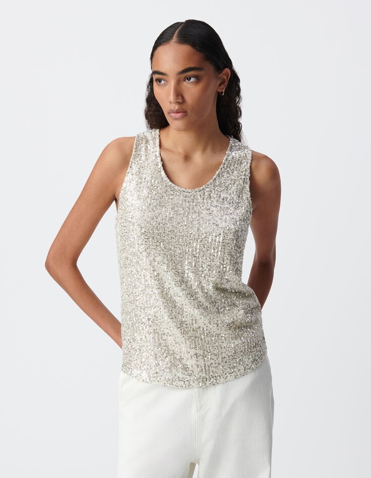 Ikks Top Argenté Brodé Sequins Femme