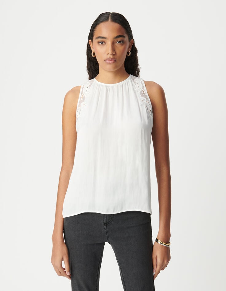 Ikks Top Blanc Effet Froissé Avec Dentelle Femme