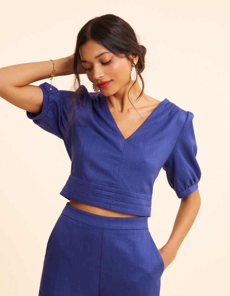 Ikks Top Bleu Pailleté Cropped Noué Dos I.Code