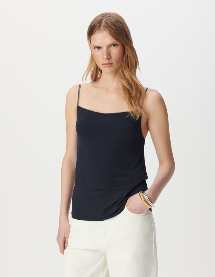 Ikks Top Fines Bretelles Bijou Marine Col Bénitier