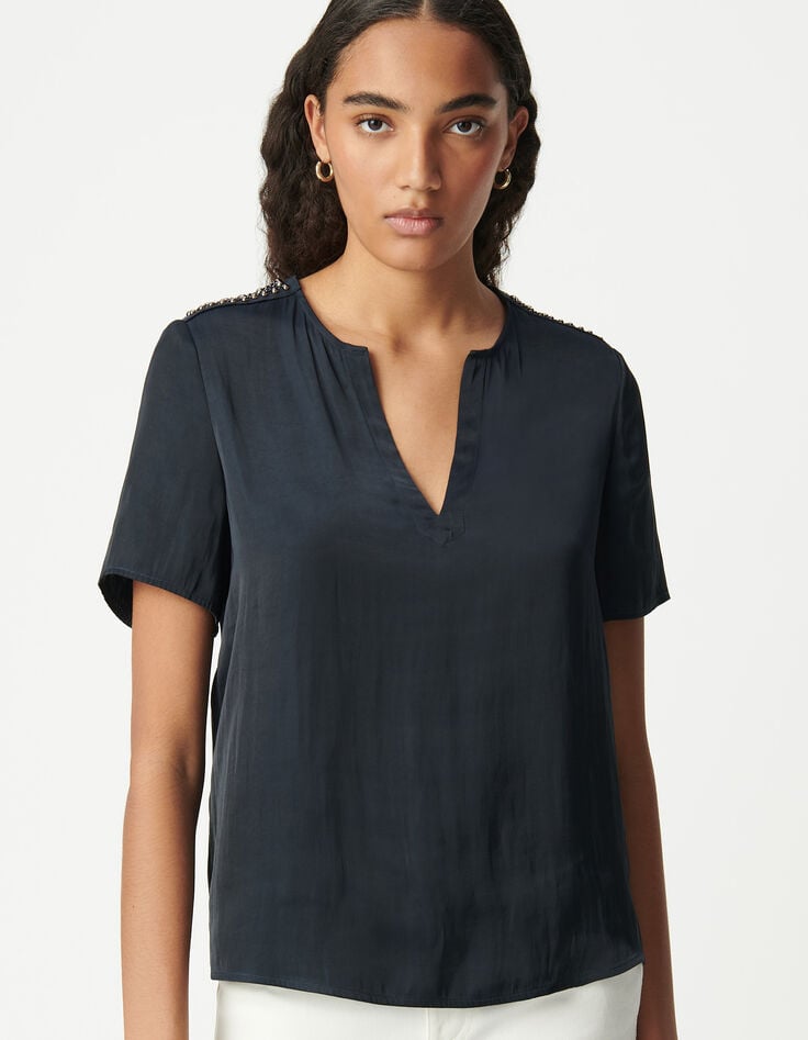 Ikks Top Marine Froissé Décor Bijou épaules Femme