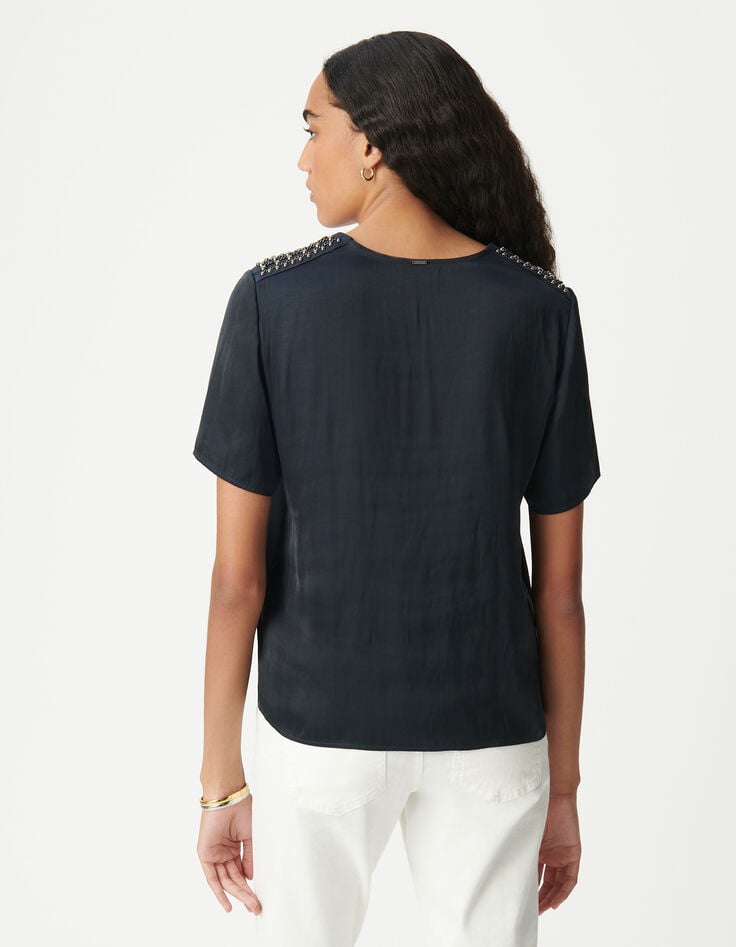 Ikks Top Marine Froissé Décor Bijou épaules Femme