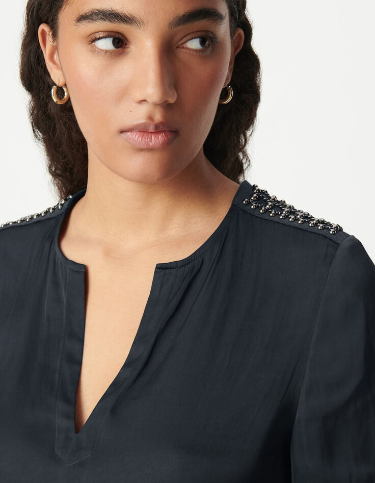 Ikks Top Marine Froissé Décor Bijou épaules Femme