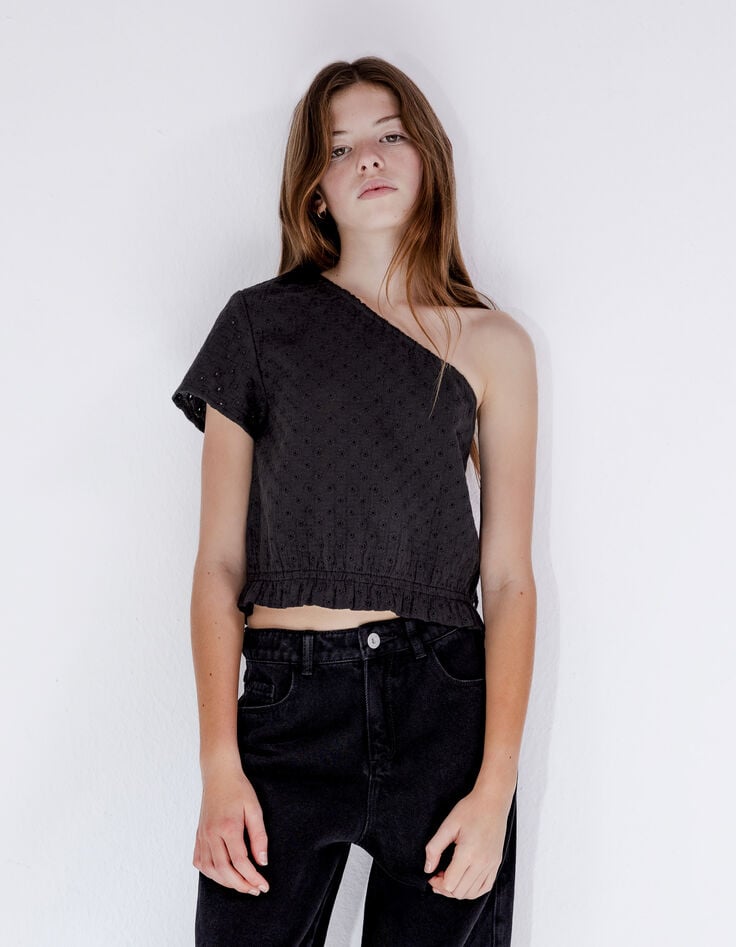 Ikks Top Noir Asymétrique Broderie Anglaise Fille