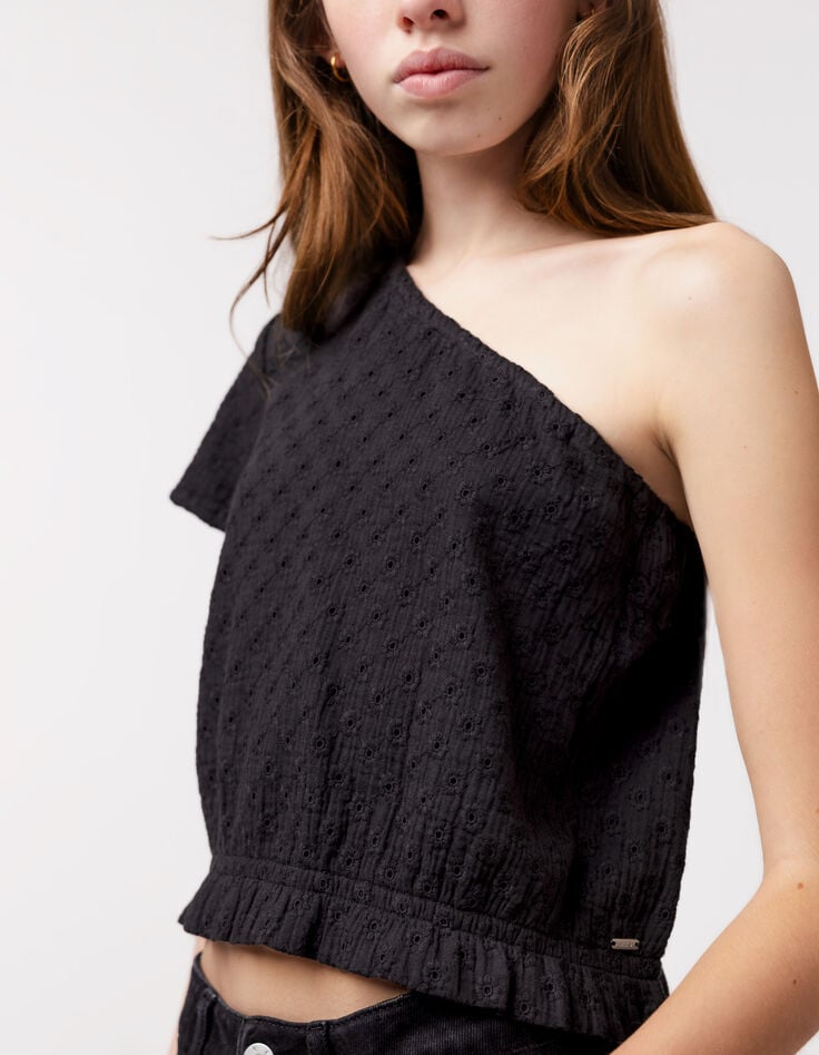 Ikks Top Noir Asymétrique Broderie Anglaise Fille