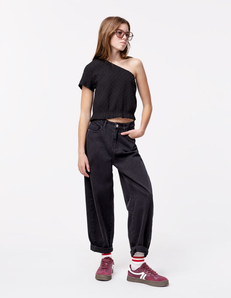 Ikks Top Noir Asymétrique Broderie Anglaise Fille