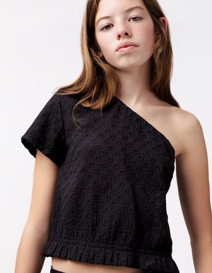 ikks Top noir asymétrique broderie anglaise fille