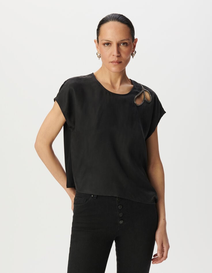 Ikks Top Noir Découpe Brodée à Nouer Côté Femme