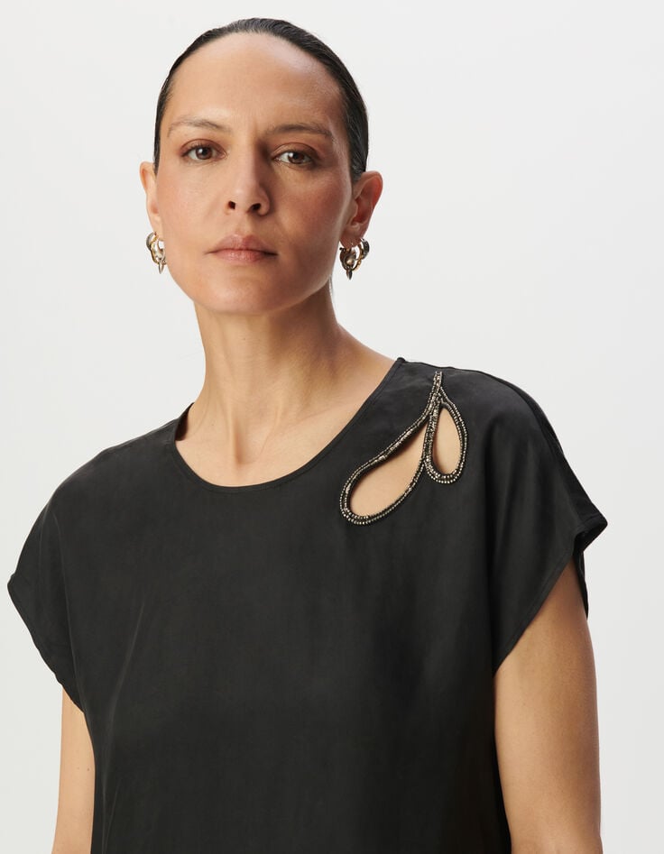 Ikks Top Noir Découpe Brodée à Nouer Côté Femme