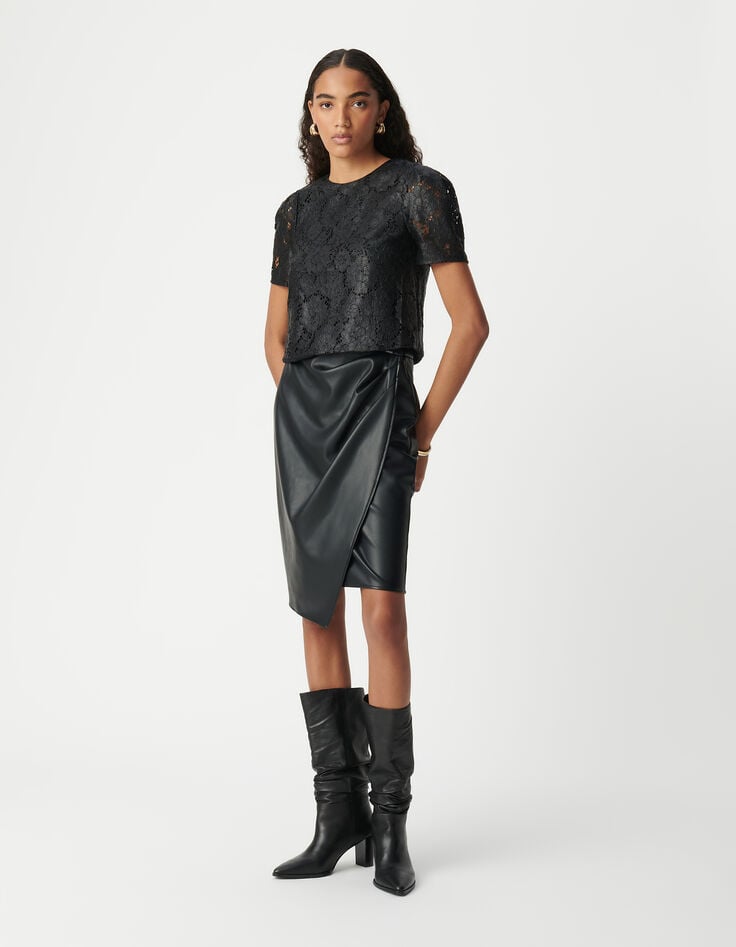 Ikks Top Noir Dentelle Effet Enduit Femme