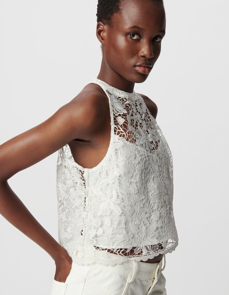 Ikks Top Sans Manches Blanc Tout Dentelle Femme