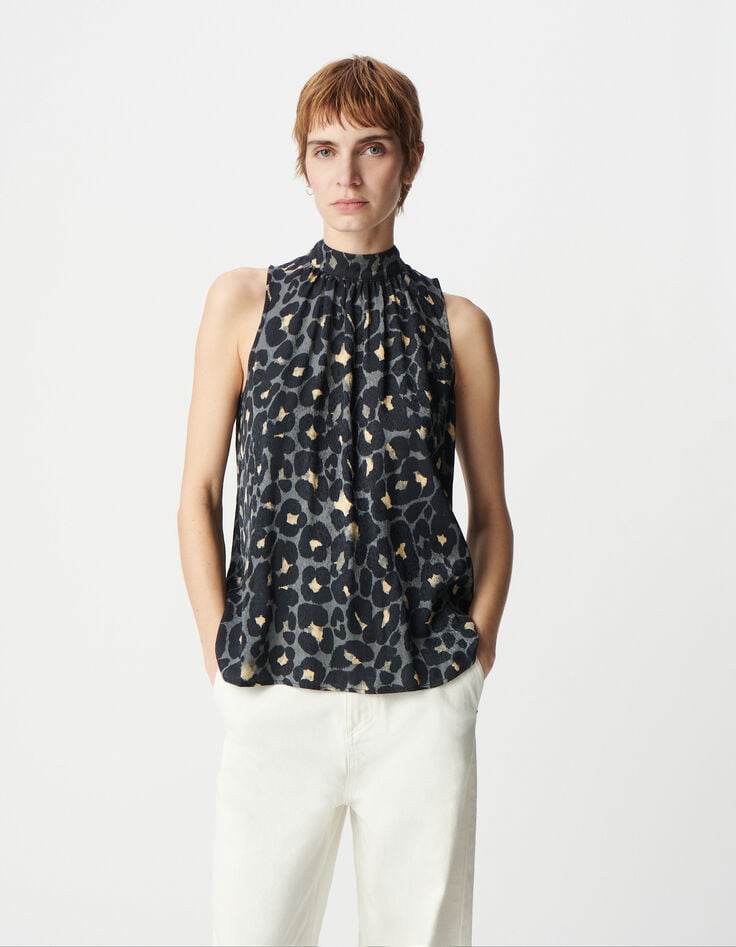 Ikks Top Sans Manches Gris Imprimé Animalier Femme