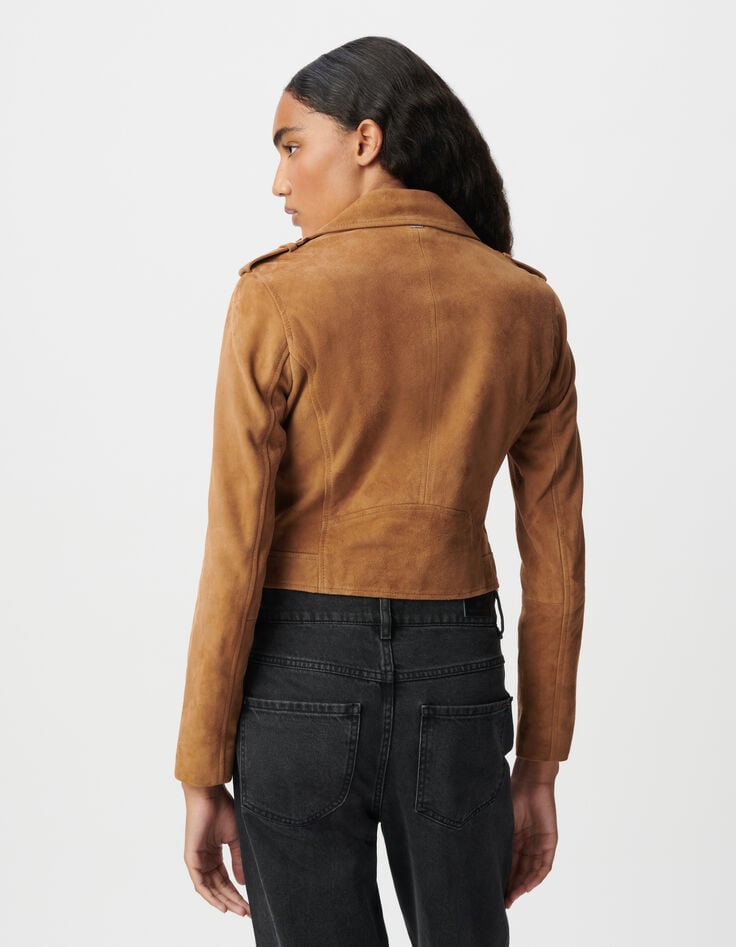 Ikks Veste Camel Cuir Velours Esprit Motard Femme