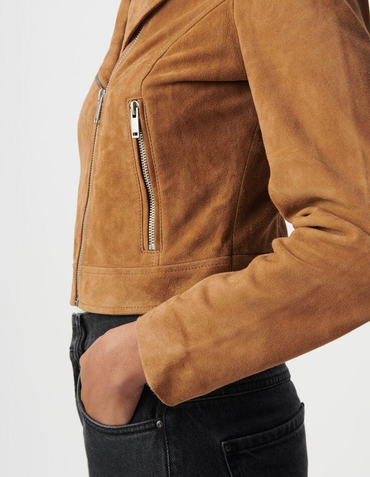 Ikks Veste Camel Cuir Velours Esprit Motard Femme