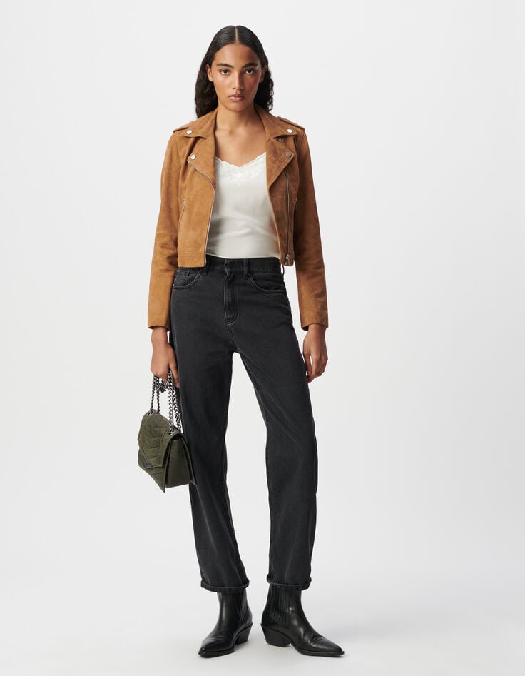 ikks Veste camel cuir velours esprit motard Femme