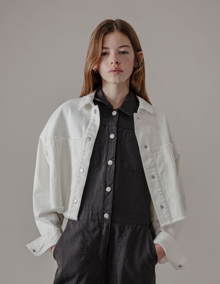 Ikks Veste En Jean Blanc Frangé Cropped Fille