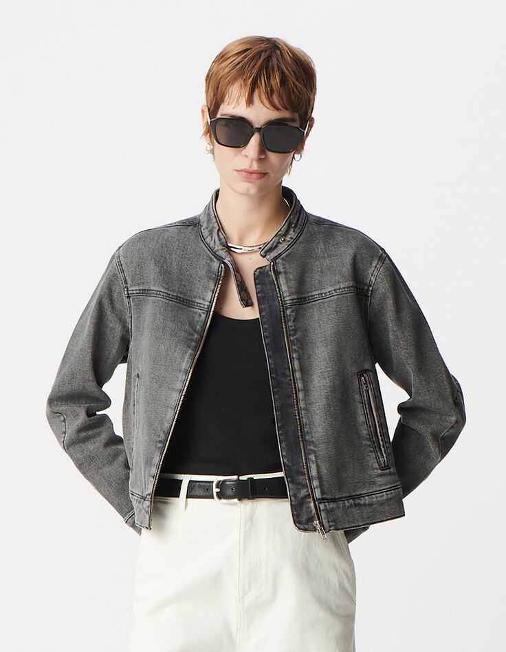 Ikks Veste En Jean Gris Zippée Ajustée Femme