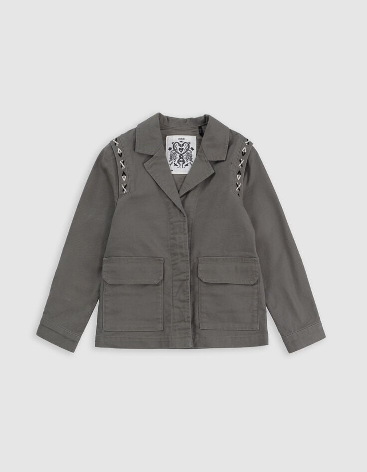 Ikks Veste Saharienne Kaki Maxi Broderie Dos Fille