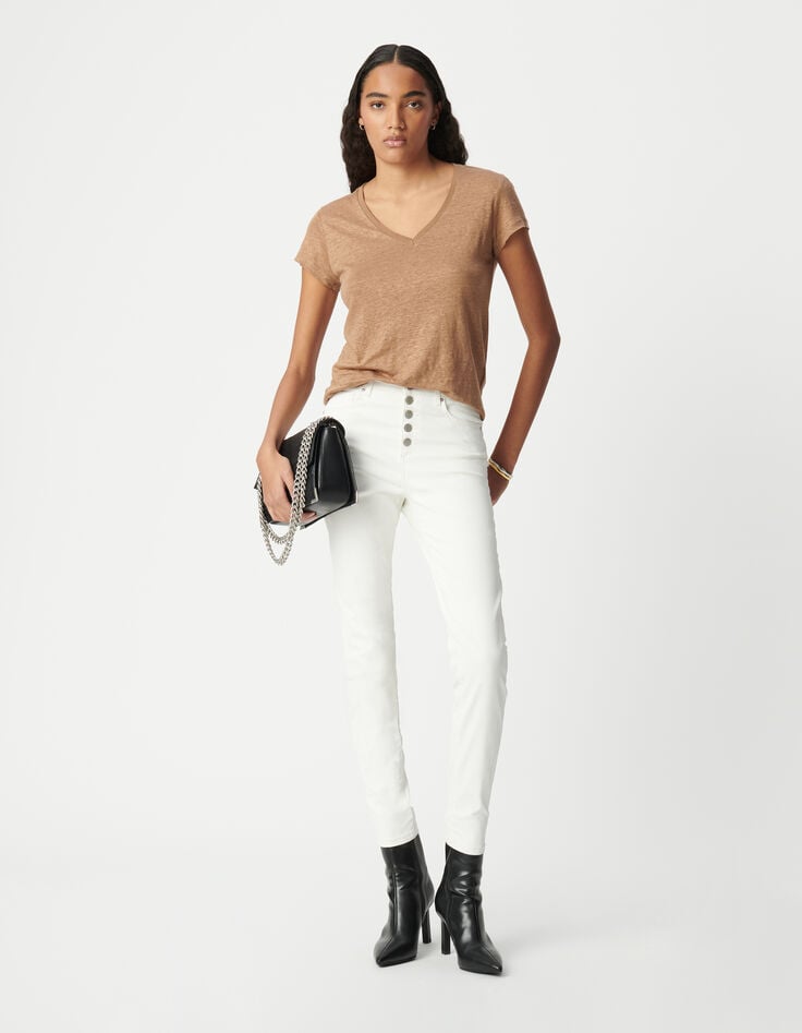 ikks Jean blanc cropped boutons apparents powerstretch Femme