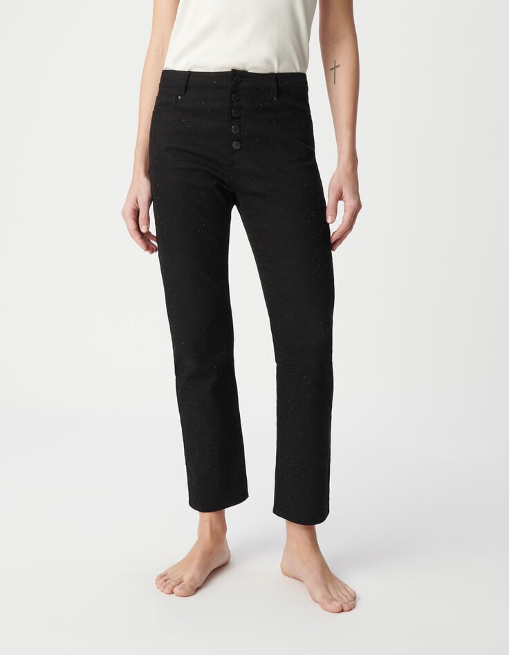 Ikks Jean Droit Noir Décor Strass Noirs Longueur Cropped Femme