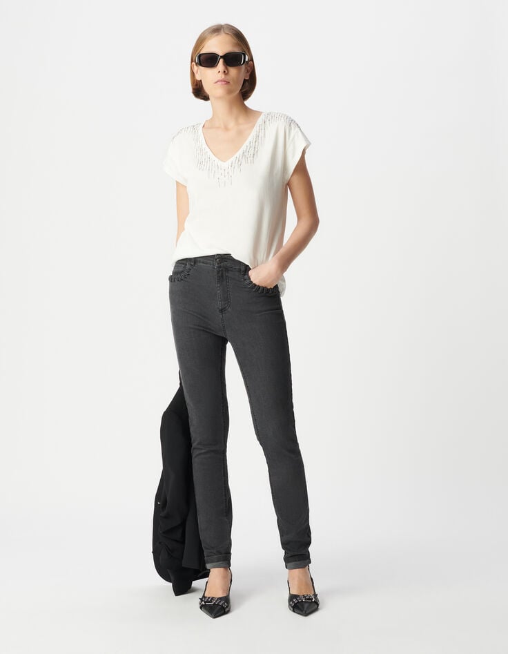 ikks Jean slim gris Powerstretch décor laçage poches Femme