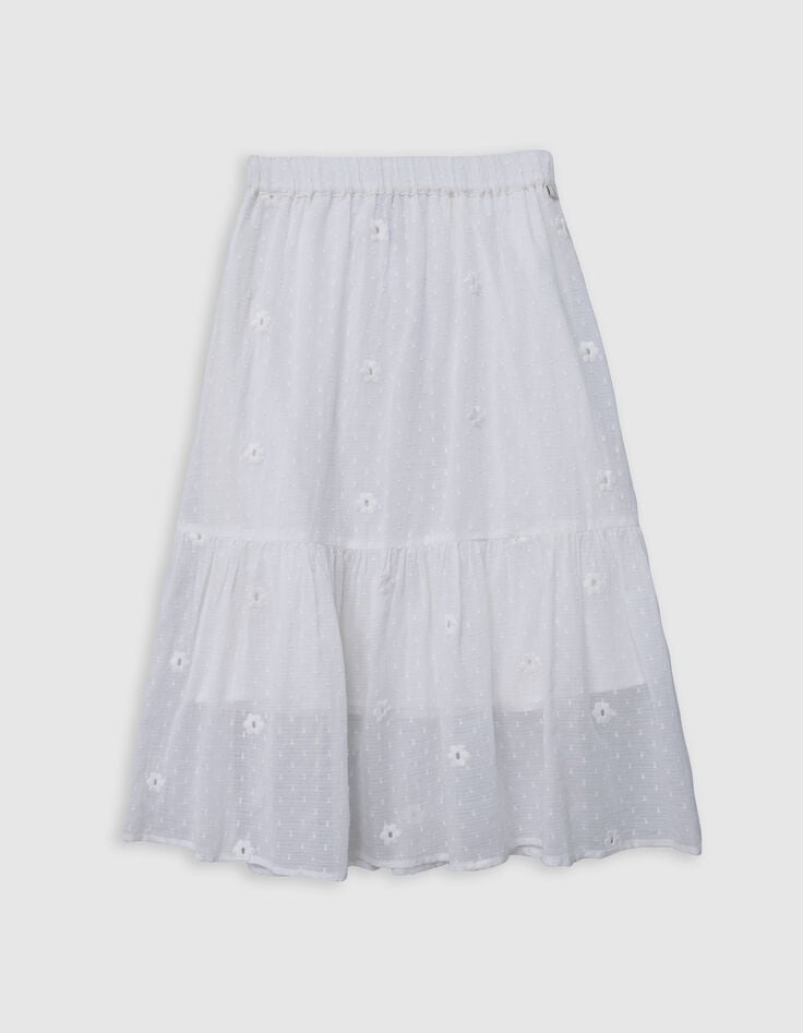 Ikks Jupe Blanche Jacquard Plumetis Et Fleurs Brodées Fille