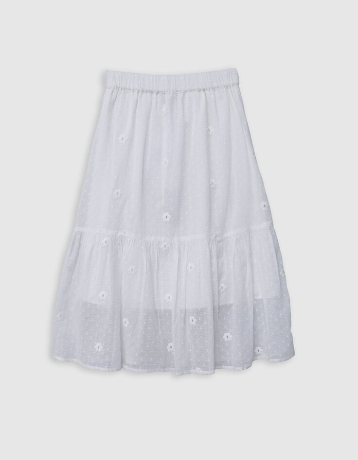 Ikks Jupe Blanche Jacquard Plumetis Et Fleurs Brodées Fille