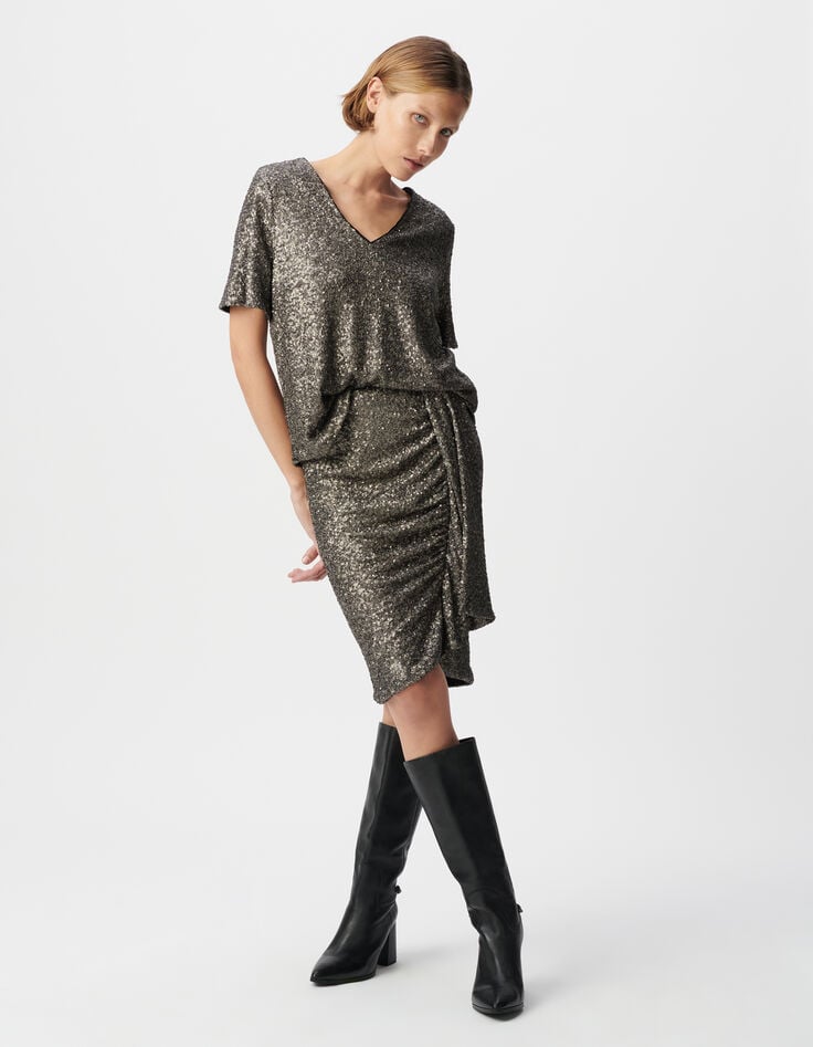 Ikks Jupe Courte Grise Drapé Asymétrique Sequins Métallisés Femme