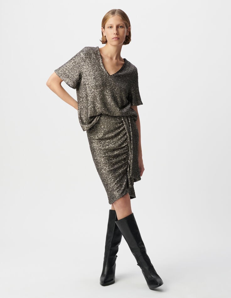 ikks Jupe courte grise drapé asymétrique sequins métallisés Femme
