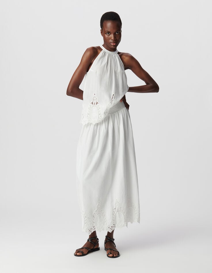 ikks Jupe longue blanche décor broderie dentelle Femme